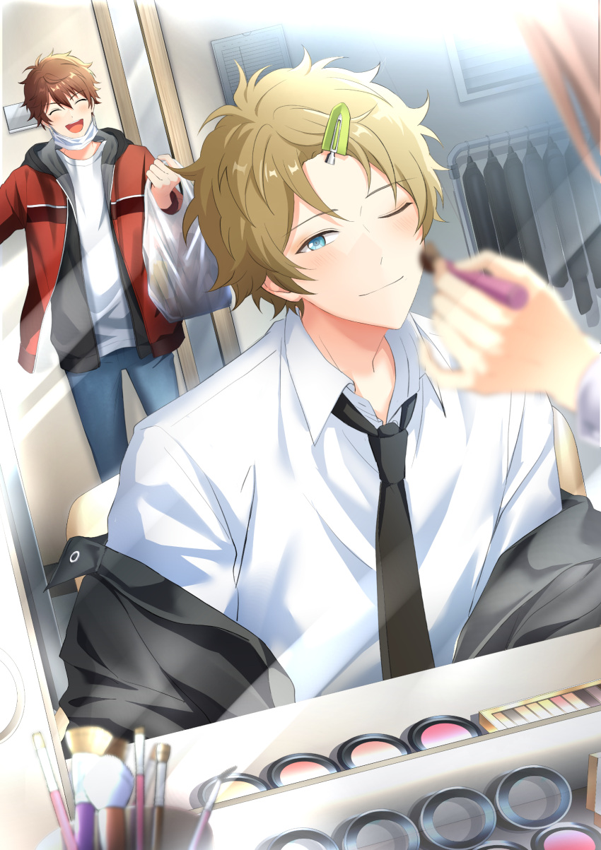 2boys absurdres applying_makeup bag blonde_hair blue_eyes blush brown_hair brush closed_eyes clothes_rack cosmetics ensemble_stars! hair_ornament hairclip highres hood hoodie jacket kindo looking_at_viewer male_focus mirror morisawa_chiaki multicolored_hair multiple_boys necktie open_mouth plastic_bag ryuuseitai_(ensemble_stars!) shirt short_hair smile streaked_hair takamine_midori