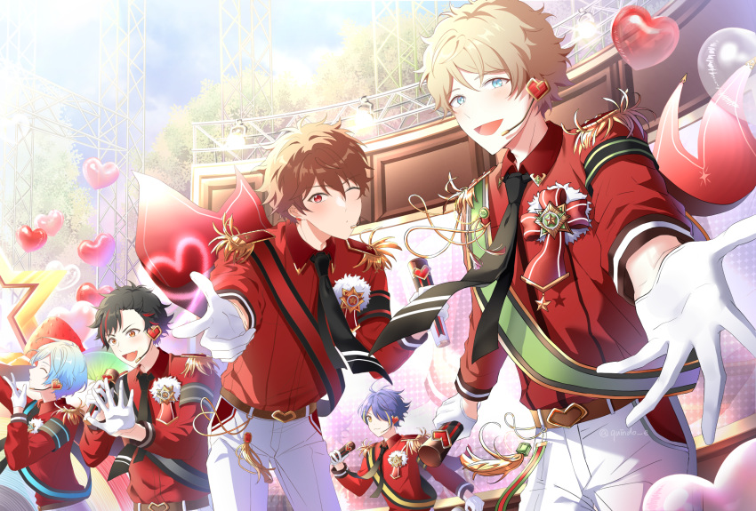 5boys :3 aqua_hair black_hair blonde_hair blue_eyes blue_hair blush brown_eyes brown_hair closed_eyes ensemble_stars! hair_over_one_eye highres kindo looking_at_viewer male_focus morisawa_chiaki multicolored_hair multiple_boys nagumo_tetora necktie open_mouth pants purple_hair red_eyes red_shirt ryuuseitai_(ensemble_stars!) school_uniform sengoku_shinobu shinkai_kanata shirt short_hair smile streaked_hair takamine_midori twitter_username yellow_eyes yumenosaki_school_uniform