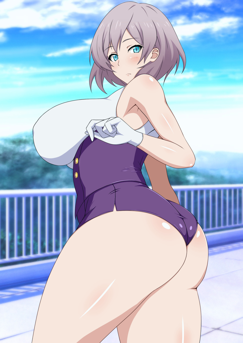 1girl absurdres aqua_eyes ass bare_shoulders blush breasts cloud cloudy_sky corset curvy gloves gridman_universe highres huge_breasts light_purple_hair looking_at_viewer mujina narrow_waist outdoors plump purple_corset railing shiny shiny_skin short_hair short_shorts shorts sky solo space_gorilla ssss.dynazenon thick_thighs thighs tile_roof white_gloves