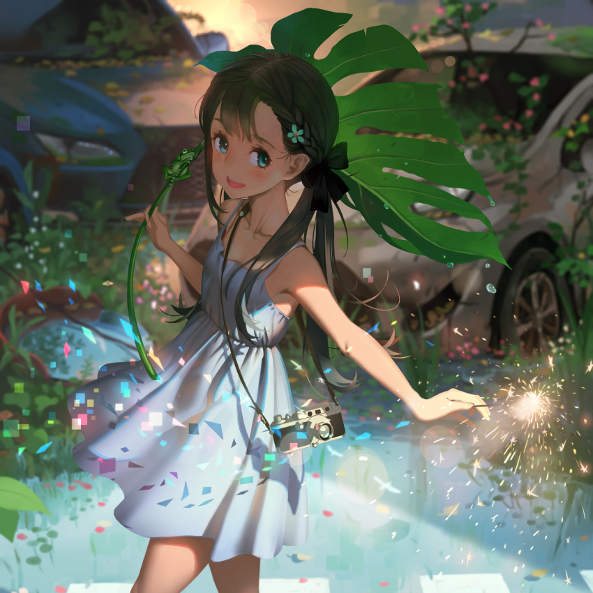 1girl :d black_hair blue_eyes blush braid camera car cowboy_shot dress fireworks flat_chest flower frog from_side grey_dress ground_vehicle hair_flower hair_ornament highres holding holding_fireworks long_hair looking_at_viewer looking_to_the_side motor_vehicle original outdoors redrawn short_dress smile solo sparkler standing sundress twintails vofan