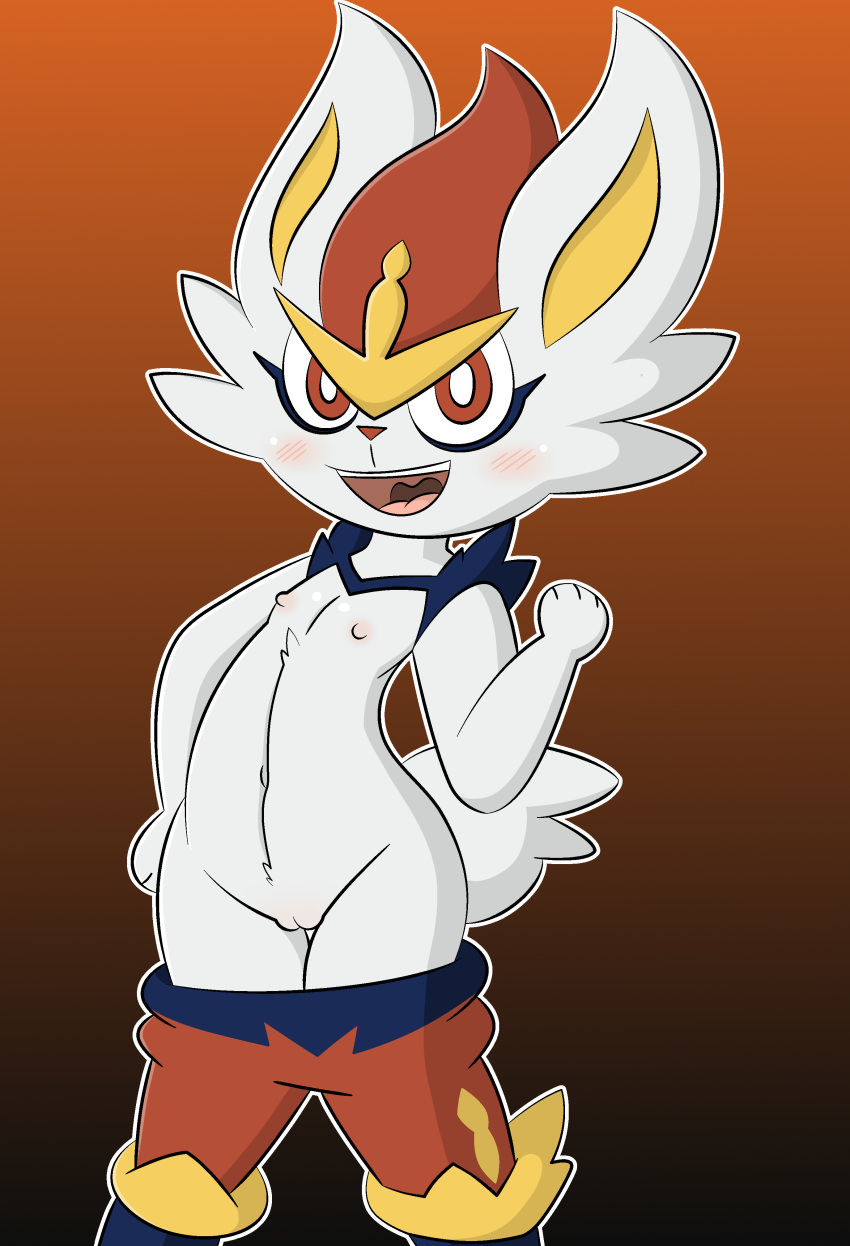 absurd_res anthro bottomwear bottomwear_down cinderace clothed clothing dreameclipsewolf female flat_chested genitals gradient_background hand_on_hip hi_res looking_at_viewer mostly_nude nintendo open_mouth open_smile pants pants_down partially_clothed pok&eacute;mon pok&eacute;mon_(species) pussy simple_background smile solo thigh_gap video_games