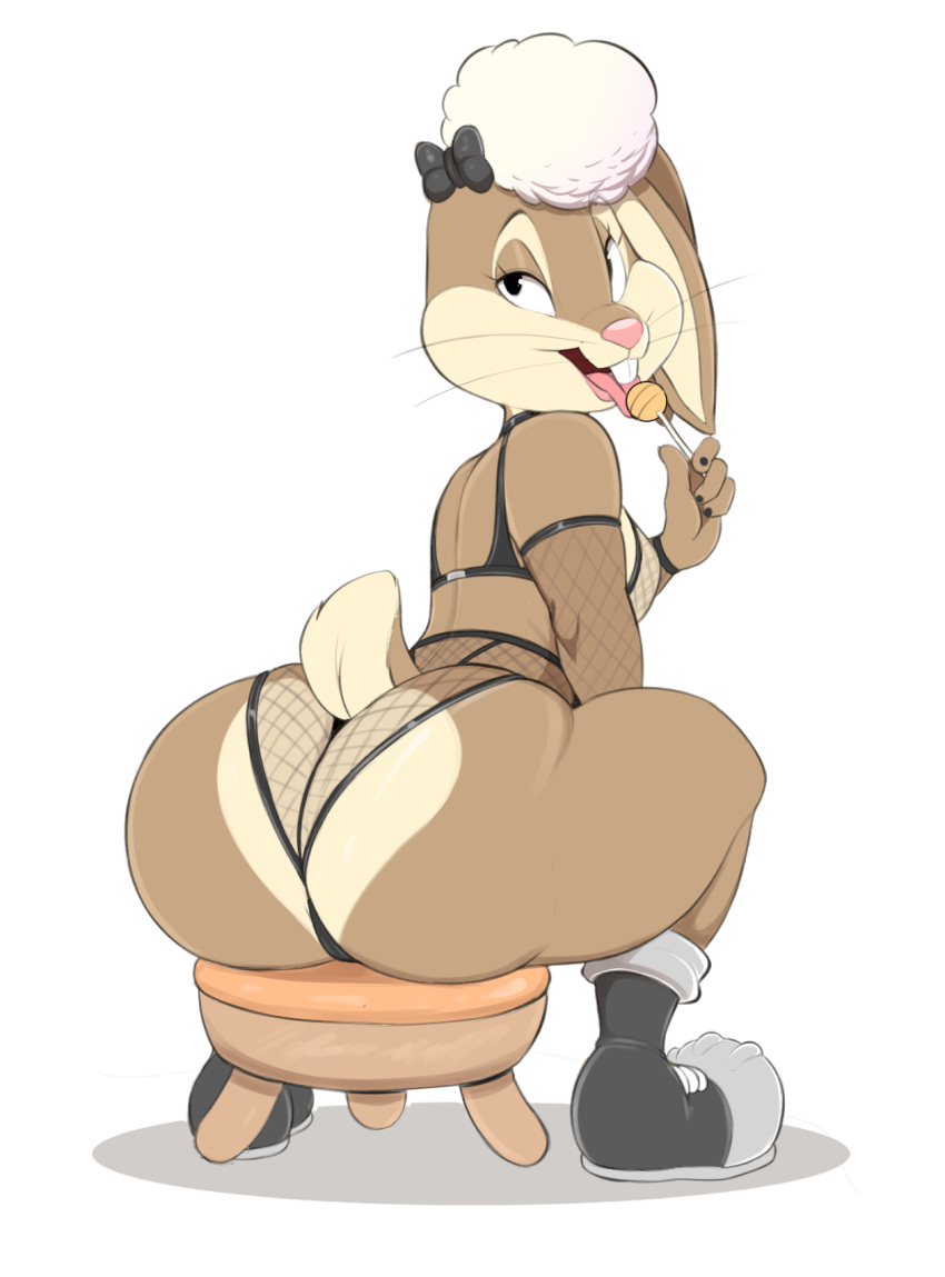 accessory anthro big_butt brown_body butt candy clothing dessert female food footwear hair hair_accessory hi_res lagomorph leporid lollipop lollipop_in_mouth mammal rabbit simple_background solo usnarbit white_background