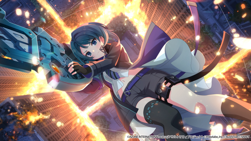 &gt;:( 1girl aiming aizawa_kazuha aqua_necktie armband artist_request assault_lily asymmetrical_legwear backlighting bangs belt belt_buckle black_gloves black_jacket black_legwear black_shorts blue_eyes blue_hair buckle building burning city closed_mouth crop_top embers evening eyebrows_visible_through_hair falling feet_out_of_frame fingerless_gloves fire from_above gloves hands_up highres holding holding_weapon jacket kneehighs looking_away midair midriff multicolored_necktie navel necktie official_art open_clothes open_jacket outdoors overgrown pouch purple_belt purple_necktie ruins serious shirt short_hair short_shorts shorts single_kneehigh single_thighhigh skyscraper solo stomach striped_necktie thigh_pouch thighhighs two-sided_fabric two-sided_jacket uneven_legwear v-shaped_eyebrows waist_cape watermark weapon white_shirt
