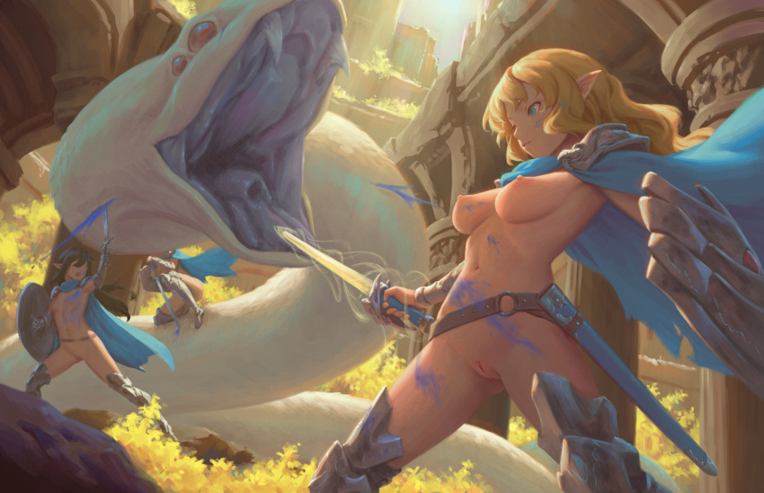 3girls bigrbear blonde_hair blue_cape blue_eyes breasts cape fighting highres holding holding_shield holding_sword holding_weapon long_hair medium_breasts monster multiple_girls navel nipples nude original outdoors paint paint_on_body pointy_ears pussy shield snake standing sword uncensored weapon