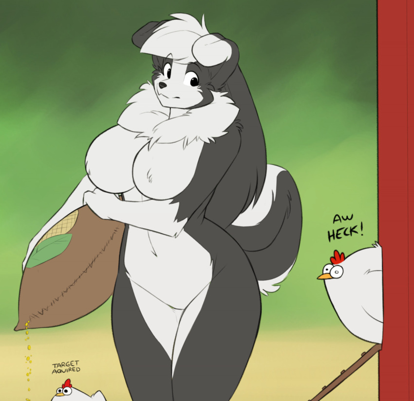 anthro avian big_breasts bird breasts canid canine canis chicken collie domestic_dog farm_dog's_sister_(hexteknik) featureless_breasts featureless_crotch female galliform gallus_(genus) herding_dog hexteknik hi_res holding_object mammal nude pastoral_dog phasianid sheepdog solo wide_hips
