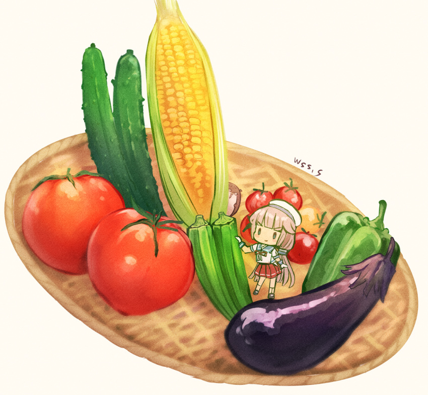 1girl bangs beige_background bell_pepper blunt_bangs bokukawauso chibi corn cucumber eggplant food food_focus gloves grey_hair hat kantai_collection long_hair low_twintails mikura_(kancolle) pepper pleated_skirt red_skirt sailor_collar school_uniform serafuku signature simple_background skirt tomato twintails vegetable very_long_hair white_gloves white_headwear wss_(nicoseiga19993411)