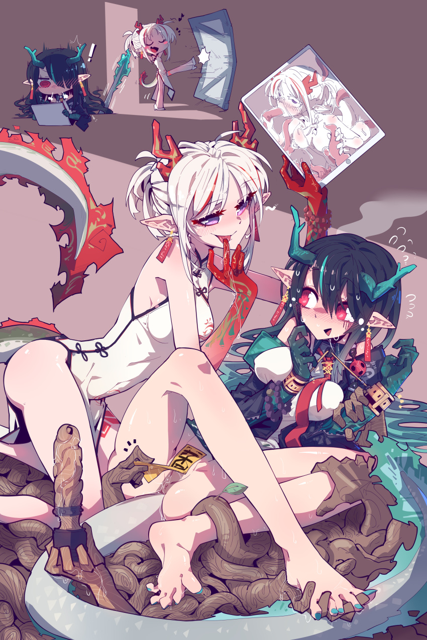 ! 2girls absurdres anus arknights ball_gag bangs bare_legs barefoot bdsm bead_bracelet beads black_hair black_jacket blush blush_stickers bondage bound bound_wrists bracelet breasts brown_background chibi china_dress chinese_clothes chinese_commentary colored_skin crossed_legs cuffs dildo dragon_girl dragon_horns dragon_tail drawing drawing_tablet dress drooling dusk_(arknights) earrings eyebrows_visible_through_hair eyeshadow fellatio full_body gag gloom_(expression) gradient_skin green_hair green_nails green_skin hair_between_eyes hair_over_one_eye handcuffs head_steam high_heels highres holding holding_tablet_pc horns imazawa incest jacket jewelry kicking kneeling licking licking_finger long_hair looking_at_another maebari makeup medium_breasts motion_lines multicolored_hair multicolored_skin multiple_girls nail_polish necktie nian_(arknights) nian_(unfettered_freedom)_(arknights) official_alternate_costume open_clothes open_jacket open_mouth opening_door oral parted_bangs peeling pelvic_curtain pointy_ears purple_eyes pussy pussy_juice pussy_juice_trail red_eyes red_hair red_necktie red_skin restrained saliva sex_toy shirt side_slit simple_background sleeveless sleeveless_dress smile spread_legs streaked_hair stylus surprised sweat sweating_profusely tablet_pc tail tail_raised talisman tassel tassel_earrings tentacle_sex tentacles thighs toenail_polish toenails tongue tongue_out two-tone_hair uncensored walking white_dress white_footwear white_hair white_shirt wooden_dildo yuri