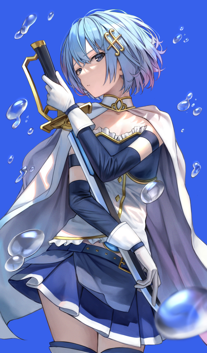 1girl blue_background blue_eyes blue_hair cape closed_mouth fortissimo fortissimo_hair_ornament gloves hair_ornament hairclip highres holding holding_sword holding_weapon looking_at_viewer magical_girl mahou_shoujo_madoka_magica miki_sayaka short_hair simple_background solo soul_gem superpig sword thighhighs weapon white_cape white_gloves white_legwear