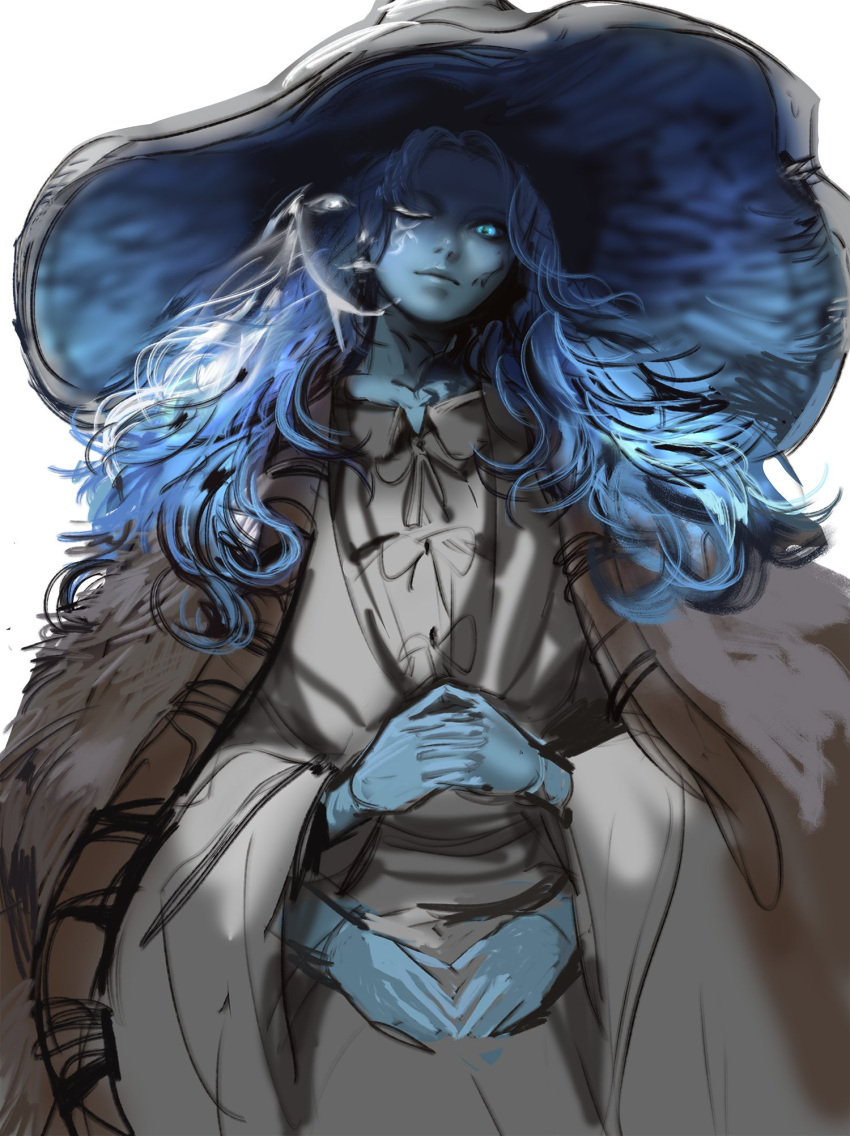 1girl blue_skin cloak closed_mouth colored_skin cracked_skin dress elden_ring extra_arms extra_faces flat_chest fur_cloak grey_dress grey_headwear hat highres interlocked_fingers jang_ju_hyeon large_hat looking_at_viewer own_hands_together ranni_the_witch simple_background sketch solo white_background witch_hat