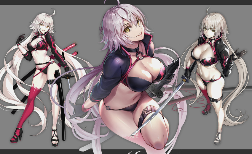 1girl ahoge asymmetrical_clothes asymmetrical_sleeves bangs bikini black_gloves breasts cleavage commentary_request cropped_jacket fate/grand_order fate_(series) full_body gloves grey_background halterneck high_heels highres holding holding_sword holding_weapon jacket jeanne_d'arc_alter_(fate) jeanne_d'arc_alter_(swimsuit_berserker)_(fate) katana large_breasts long_hair long_sleeves looking_at_viewer multiple_girls multiple_views navel o-ring o-ring_bikini open_mouth red_legwear sheath sheathed shiny shiny_hair shiny_skin silver_hair simple_background single_thighhigh smile stomach suishougensou swimsuit sword thigh_strap thighhighs thighs tied_hair weapon yellow_eyes