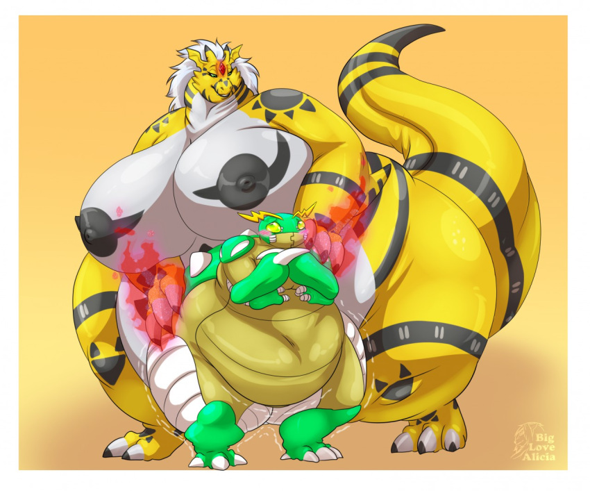 2016 anthro bandai_namco belly big_belly big_breasts biglovealicia breasts digimon digimon_(species) digital_drawing_(artwork) digital_media_(artwork) dragon duo female growlmon hair male signature size_difference talons tentomon weight_gain yellow_body