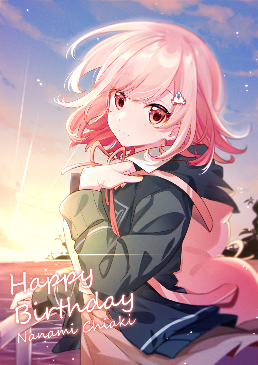 1girl absurdres animal_bag backpack bag bangs black_jacket brown_skirt cat_bag character_name danganronpa_(series) danganronpa_2:_goodbye_despair dated day eyebrows_visible_through_hair flipped_hair galaga hair_ornament happy_birthday highres hood jacket looking_at_viewer medium_hair midou_(grk12138) nanami_chiaki neck_ribbon open_clothes open_jacket outdoors pink_bag pink_eyes pink_ribbon ribbon shiny shiny_hair shirt skirt smile solo water