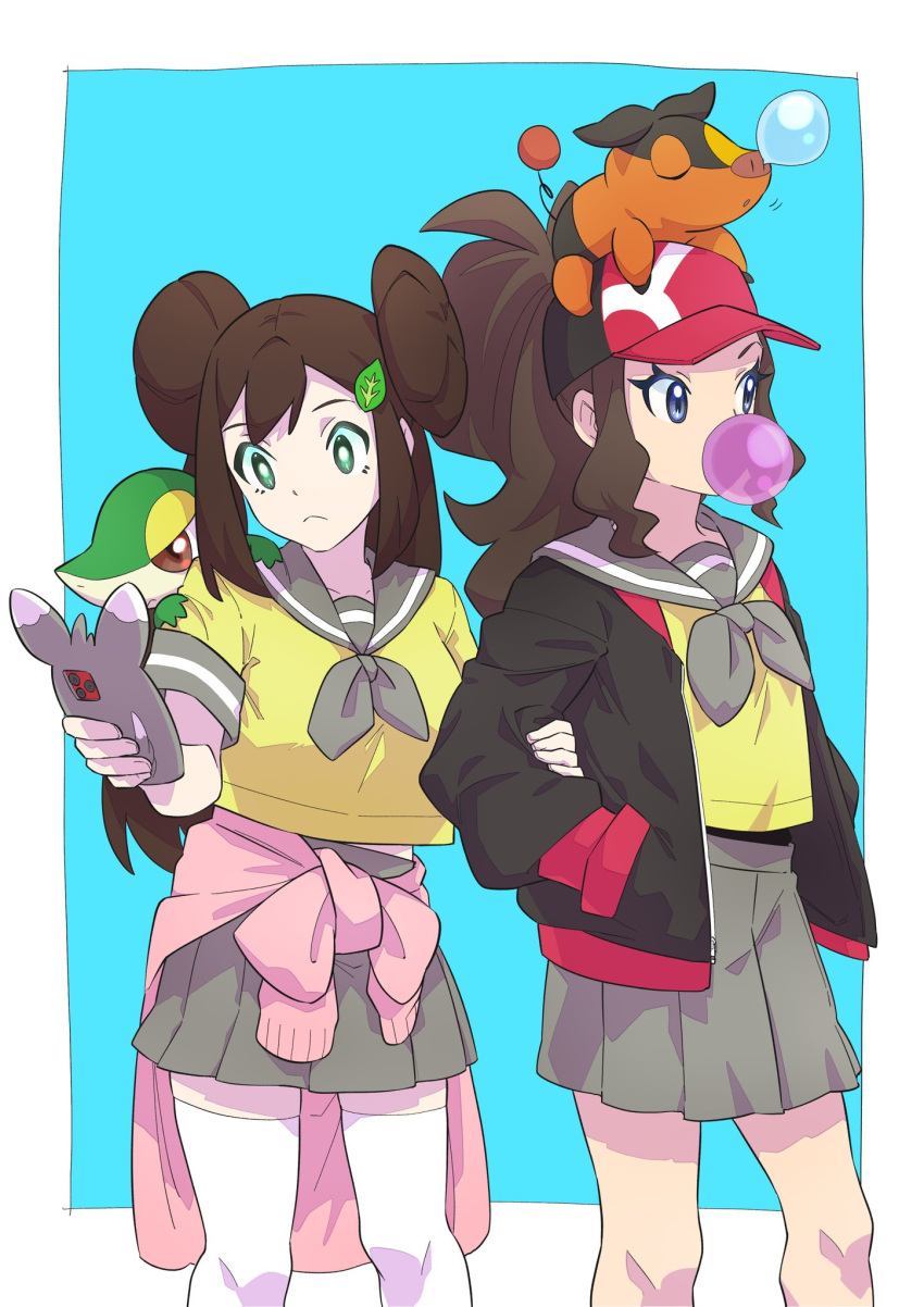 2girls alternate_costume bangs blue_background border bright_pupils brown_hair bubble_blowing closed_mouth clothes_around_waist commentary_request double_bun eyelashes frown green_eyes hair_ornament hairclip hat high_ponytail highres hilda_(pokemon) holding holding_phone jacket knees long_hair multiple_girls nose_bubble on_head open_clothes open_jacket phone pkpokopoko3 pleated_skirt pokemon pokemon_(creature) pokemon_(game) pokemon_bw pokemon_bw2 pokemon_on_head rosa_(pokemon) sailor_collar school_uniform shirt short_sleeves sidelocks skirt snivy tepig thighhighs white_border white_legwear yellow_shirt