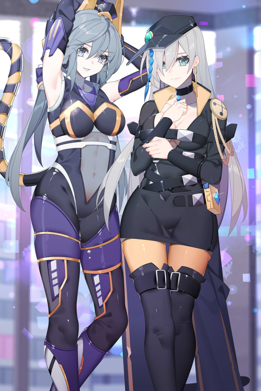 2girls arms_behind_head arms_up belly belt black_legwear blue_eyes blue_hair bodysuit braid breasts cape chinese_commentary choker duel_monster earrings elbow_gloves fake_tail feet_out_of_frame glint gloves grey_eyes grey_hair hair_over_one_eye hat highres i:p_masquerena jewelry leg_belt long_hair multicolored_hair multiple_girls nami_qi navel official_alternate_costume pantyhose parted_lips single_braid tail thighhighs two-tone_hair witchcrafter_haine yu-gi-oh!