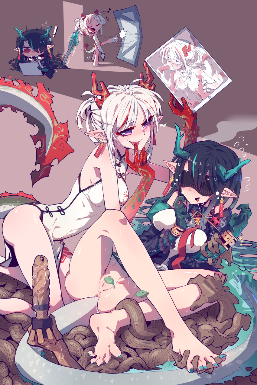 ! 2girls absurdres anus arknights ball_gag bangs bare_legs barefoot bdsm bead_bracelet beads black_blindfold black_hair black_jacket blindfold blush blush_stickers bondage bound bound_wrists bracelet breasts brown_background chibi china_dress chinese_clothes chinese_commentary colored_skin covered_eyes crossed_legs cuffs dildo dragon_girl dragon_horns dragon_tail drawing drawing_tablet dress drooling dusk_(arknights) earrings eyebrows_visible_through_hair eyeshadow fellatio full_body gag gloom_(expression) gradient_skin green_hair green_nails green_skin hair_between_eyes hair_over_one_eye handcuffs head_steam high_heels highres holding holding_tablet_pc horns imazawa incest jacket jewelry kicking kneeling leaf licking licking_finger long_hair looking_at_another makeup medium_breasts motion_lines multicolored_hair multicolored_skin multiple_girls nail_polish necktie nian_(arknights) nian_(unfettered_freedom)_(arknights) official_alternate_costume open_clothes open_jacket open_mouth opening_door oral parted_bangs pelvic_curtain pointy_ears purple_eyes pussy pussy_juice red_eyes red_hair red_necktie red_skin restrained saliva sex_toy shirt side_slit simple_background sleeveless sleeveless_dress smile spread_legs streaked_hair stylus surprised sweat sweating_profusely tablet_pc tail tail_raised tassel tassel_earrings tentacle_sex tentacles thighs toenail_polish toenails tongue tongue_out two-tone_hair uncensored walking white_dress white_footwear white_hair white_shirt wooden_dildo yuri
