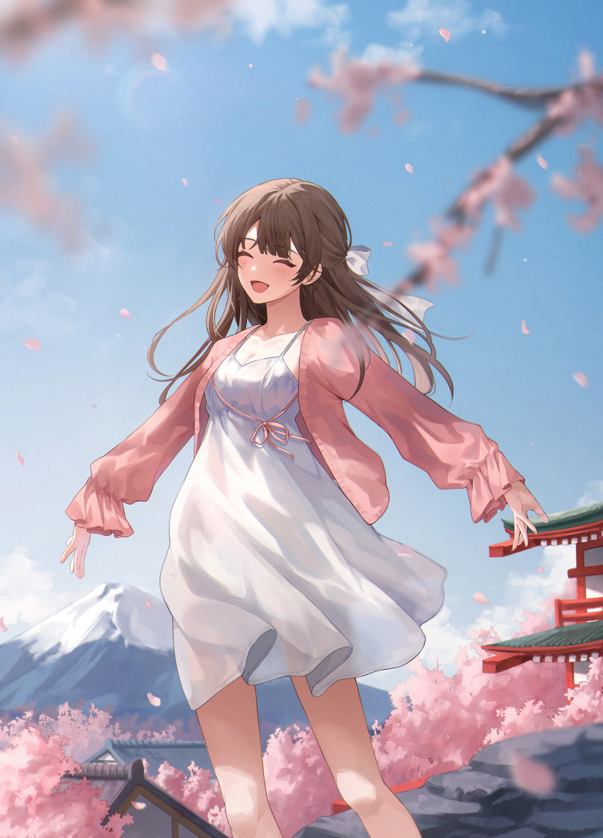 1girl absurdres bangs blouse blue_sky blush brown_hair cherry_blossoms connie_(keean2019) dress hair_ribbon hairband highres long_hair mount_fuji original pink_blouse ribbon sky smile solo white_dress wind