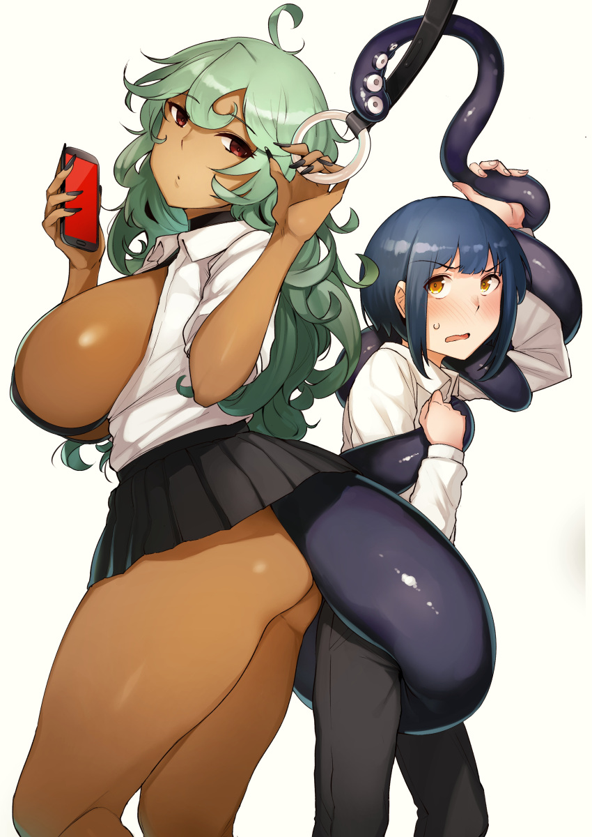 1boy 1girl absurdres age_difference ahoge ass black_nails black_pants black_skirt blue_hair blush breasts breasts_out cellphone chijo closed_mouth dark-skinned_female dark_skin dot_mouth fingernails green_hair gyaru height_difference highres holding holding_phone kogal long_fingernails looking_at_viewer microskirt nail_polish onee-shota original pants parted_lips phone pleated_skirt prehensile_hair red_eyes school_uniform shirt sideboob simple_background skirt smartphone sweatdrop tail tentacles wakamesan white_background white_shirt wrapped yellow_eyes you_gonna_get_raped