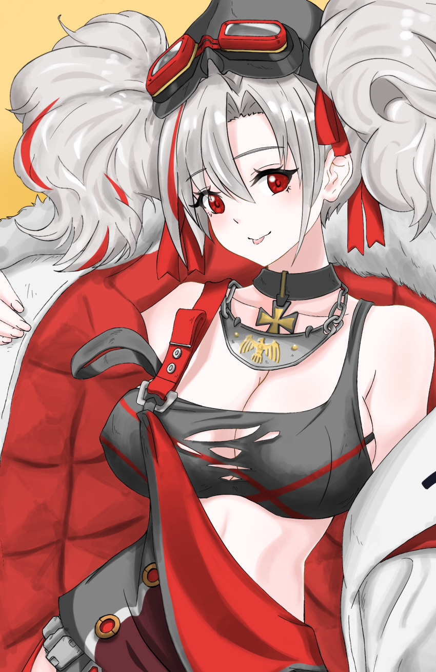 1girl azur_lane black_choker black_headwear black_legwear breasts choker cleavage cmos coat cross eyewear_on_headwear fur-trimmed_coat fur_trim hair_ribbon highres iron_cross large_breasts long_hair looking_at_viewer multicolored_hair open_clothes open_coat padded_coat prinz_adalbert_(azur_lane) red_eyes red_hair red_ribbon ribbon silver_hair simple_background solo twintails two-tone_hair upper_body white_coat yellow_background