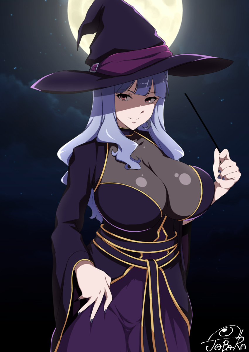 1girl bangs blunt_bangs breasts choker cleavage cloud cloudy_sky commentary dress eyebrows_visible_through_hair full_moon hair_over_shoulder hat highres holding holding_wand idolmaster idolmaster_(classic) jabara_tornado large_breasts long_hair long_sleeves looking_at_viewer moon nail_polish night night_sky pink_eyes purple_dress purple_nails see-through shaded_face shijou_takane signature silver_hair sky smile wand wide_sleeves witch_hat