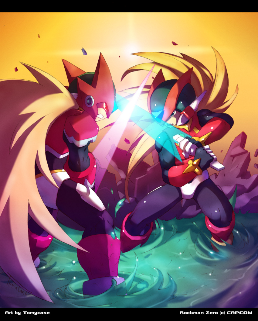 2boys android armor battle blonde_hair bodysuit energy_blade energy_sword fighting gloves glowing green_eyes helmet highres holding holding_sword holding_weapon long_hair male_focus multiple_boys omega_(rockman) open_mouth ponytail red_eyes robot rockman rockman_zero rockman_zero_3 sword tomycase very_long_hair weapon zero_(rockman)