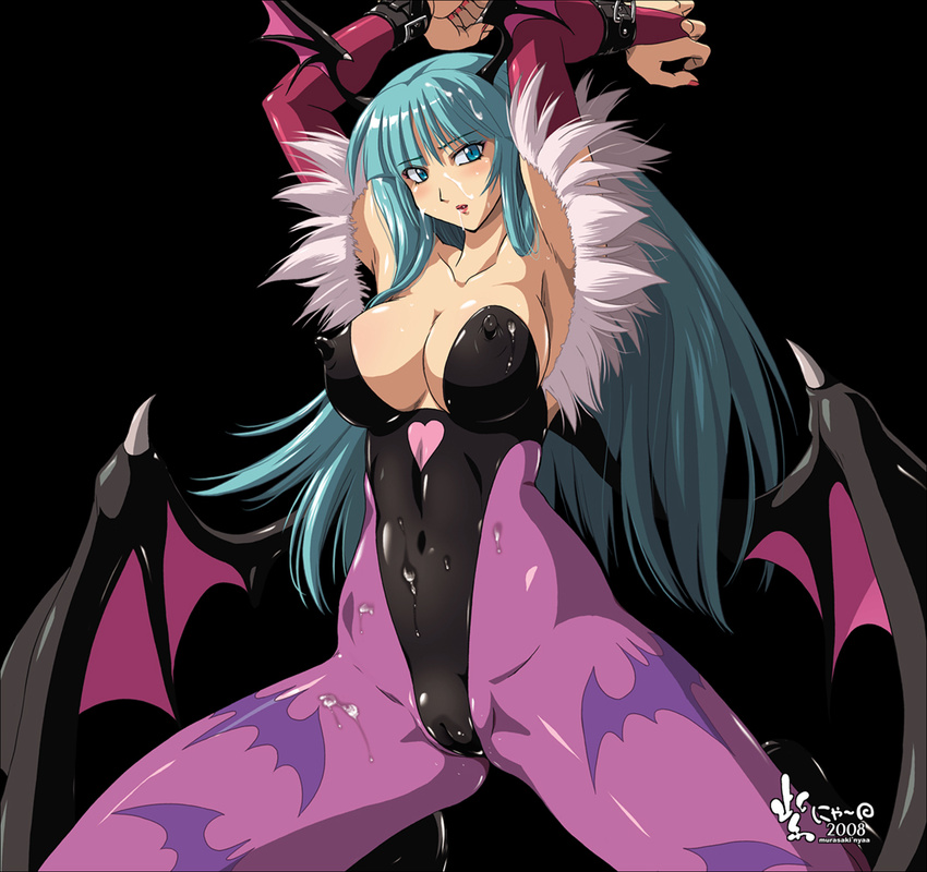 armpits arms_up bare_shoulders bat_wings bdsm blush bondage bound breasts bridal_gauntlets bsdm cameltoe capcom chains cleavage cuffs cum cum_on_clothes cum_on_hair demon_girl elbow_gloves erect_nipples facial female gloves green_eyes green_hair head_wings kneeling latex leotard long_hair morrigan_aensland murasaki_nyaa nail_polish nyanko_batake pantyhose shackle shackles simple_background skin_tight solo spandex succubus vampire_(game) wings