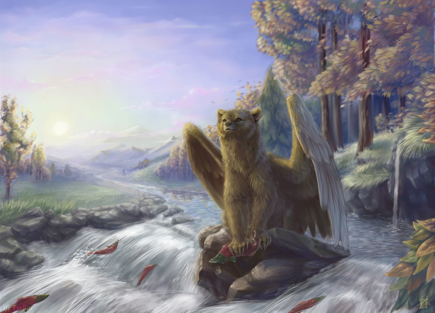 brown_eyes brown_fur detailed_background faellin feathered_wings feathers feral fishing fur hybrid mammal river rock salmon solo tree ursine wings