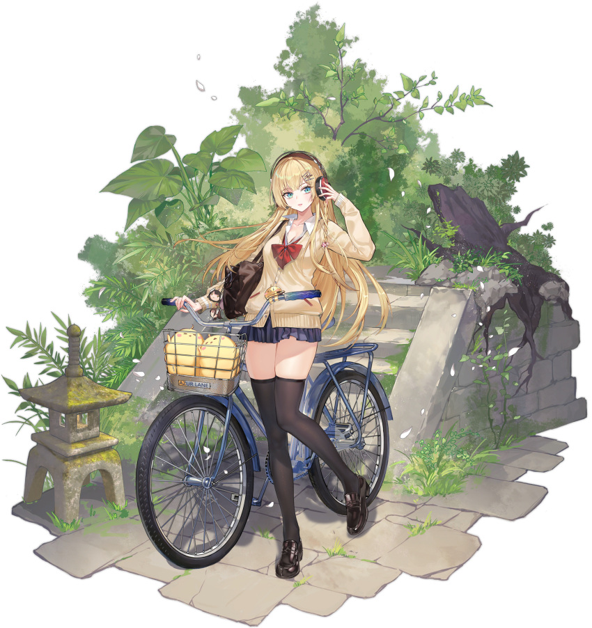 1girl azur_lane bag bicycle black_footwear black_legwear blonde_hair blue_eyes bow bowtie braid criin full_body ground_vehicle hair_ornament headphones highres kongou_(azur_lane) kongou_(breezy_commute)_(azur_lane) long_hair looking_at_viewer manjuu_(azur_lane) official_alternate_costume official_art outdoors parted_lips red_bow red_bowtie school_bag school_uniform skirt standing sweater thighhighs transparent_background