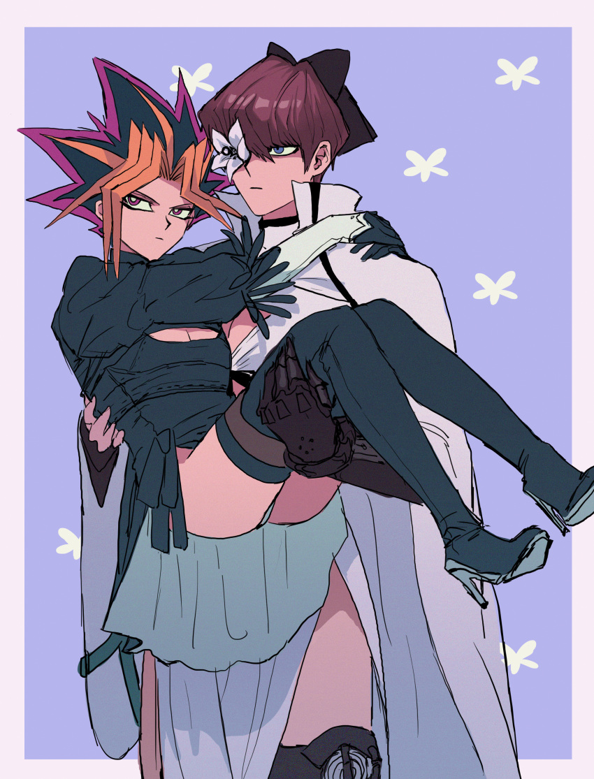 2boys absurdres bangs black_dress black_footwear black_gloves black_hair blonde_hair blue_eyes boots border bright_pupils brown_hair carrying closed_mouth commentary cosplay crossdressing drag-on_dragoon drag-on_dragoon_3 dress flower gloves high_heel_boots high_heels highres kaiba_seto male_focus multiple_boys nier_(series) on_(isk1812) purple_eyes purple_hair short_hair spiked_hair thigh_boots thighhighs white_pupils yami_yuugi yorha_no._2_type_b yorha_no._2_type_b_(cosplay) yu-gi-oh! zero_(drag-on_dragoon) zero_(drag-on_dragoon)_(cosplay)