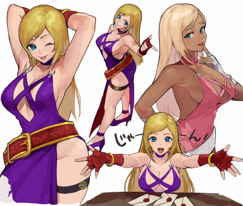 alternate_color armpits arms_up blonde_hair blue_eyes breasts cleavage dark_skin dress fatal_fury flower garou:_mark_of_the_wolves green_eyes high_heels highres jenet_behrn jolly_roger long_hair oni_gini pirate purple_dress rose snk tan tattoo the_king_of_fighters the_king_of_fighters_xv