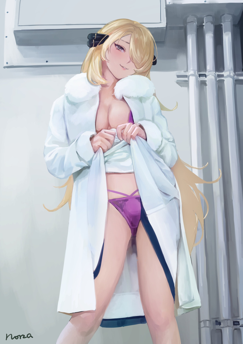 1girl absurdres alternate_costume blonde_hair blush bra breasts clothes_lift clothes_pull coat cynthia_(pokemon) dress dress_lift dress_pull eyelashes fur-trimmed_coat fur_trim grey_eyes hair_ornament hair_over_one_eye head_tilt highres knees lifted_by_self long_hair long_sleeves looking_at_viewer norza panties parted_lips pipes pokemon pokemon_(game) pokemon_dppt purple_bra purple_panties signature smile solo underwear white_coat white_dress