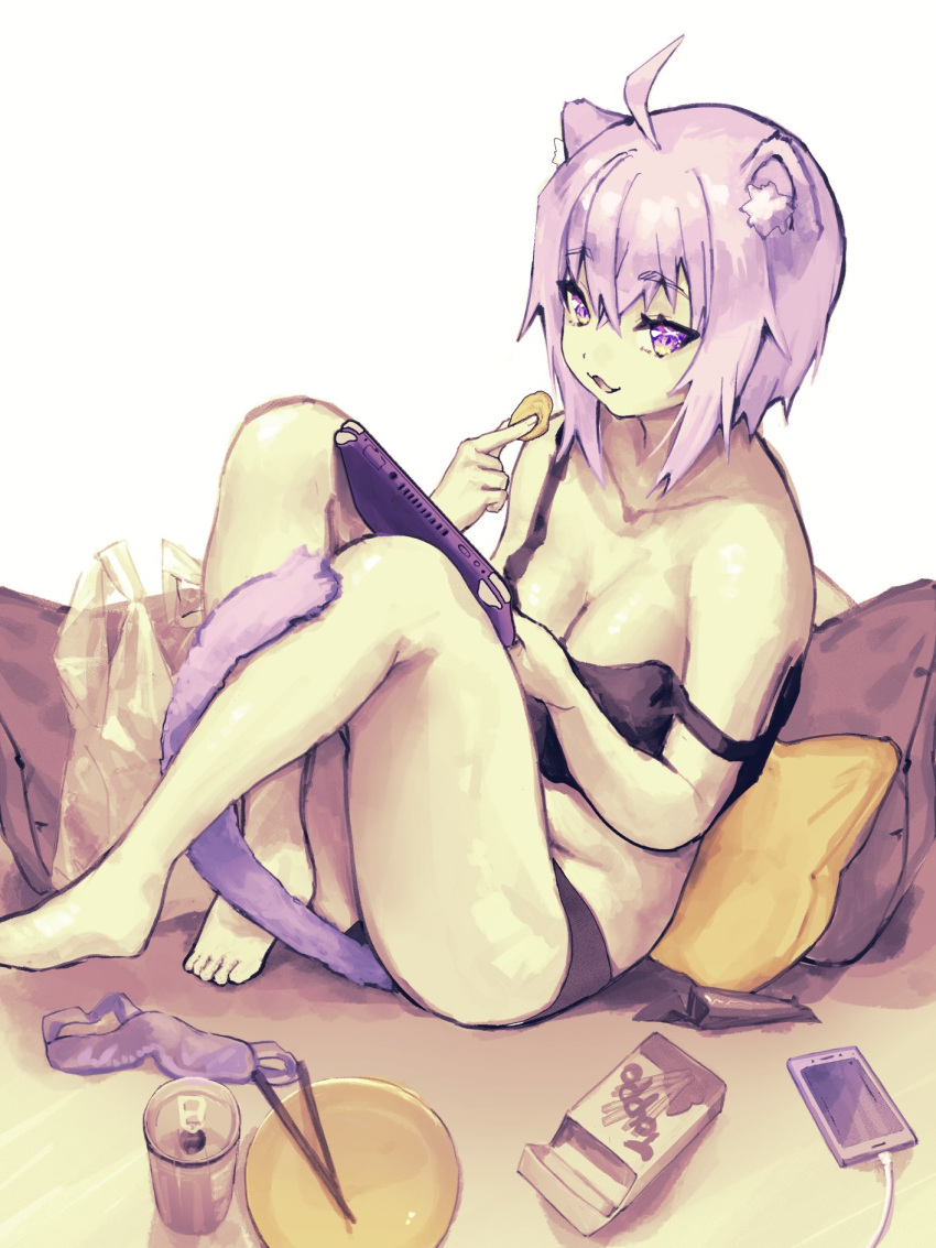 1girl ahoge animal_ears bangs bare_shoulders barefoot bowl breasts can cat_ears cat_girl cat_tail chopsticks cleavage collarbone eyebrows_visible_through_hair food hair_between_eyes highres hololive large_breasts legs looking_at_viewer medium_hair nekomata_okayu nintendo_switch open_mouth otaku_(twitter) phone pillow pocky purple_eyes purple_hair sidelocks sitting smirk snack soda_can solo strap_slip tail tank_top thighs toes white_background