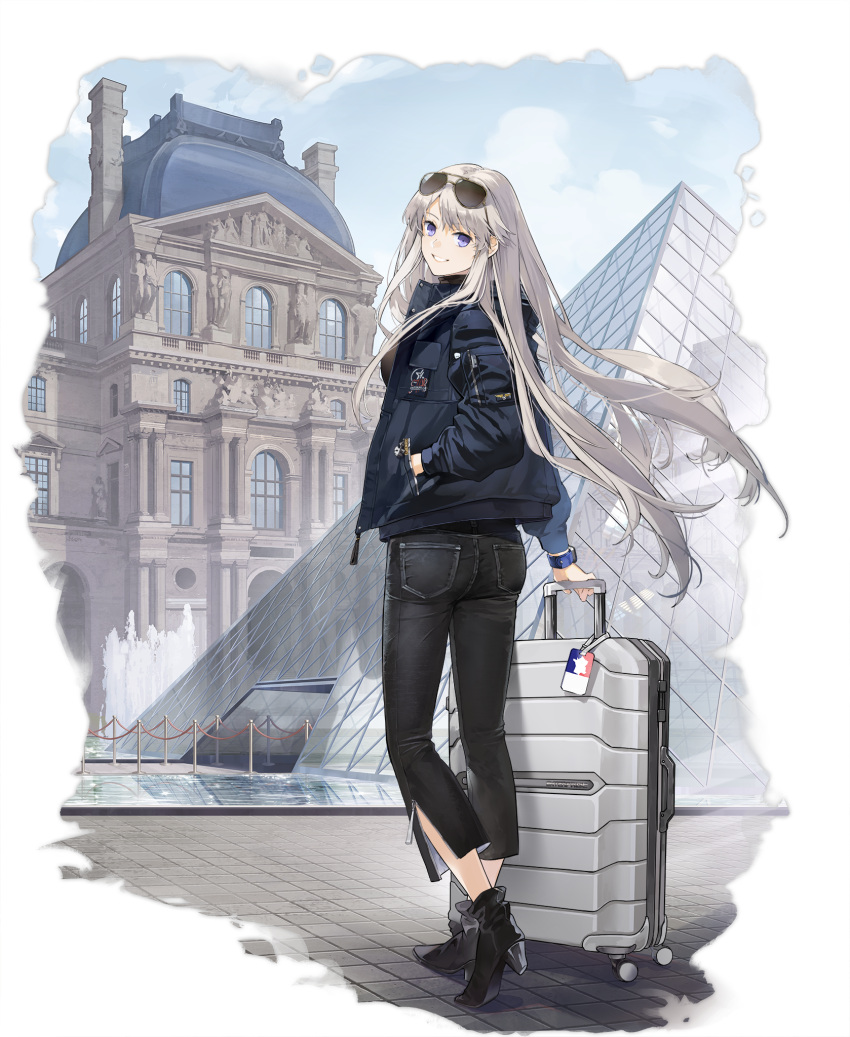 1girl azur_lane black_footwear boots denim enterprise_(azur_lane) eyewear_on_head from_behind grin hand_in_pocket hao_(patinnko) high_heel_boots high_heels highres holding holding_suitcase jacket jeans long_hair looking_at_viewer louvre_pyramid official_alternate_costume official_art outdoors pants purple_eyes silver_hair smile standing suitcase sunglasses transparent_background watch wristwatch
