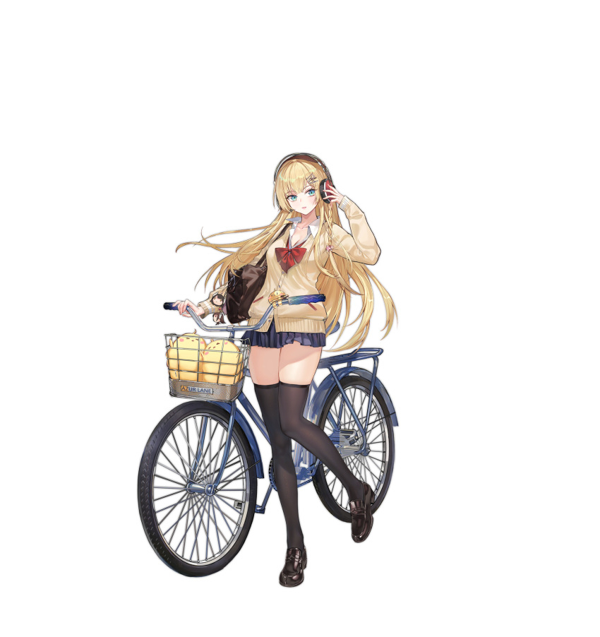 1girl azur_lane bag bicycle black_footwear black_legwear blonde_hair blue_eyes bow bowtie braid criin full_body ground_vehicle hair_ornament headphones highres kongou_(azur_lane) kongou_(breezy_commute)_(azur_lane) long_hair looking_at_viewer manjuu_(azur_lane) official_alternate_costume official_art parted_lips red_bow red_bowtie school_bag school_uniform skirt standing sweater thighhighs transparent_background