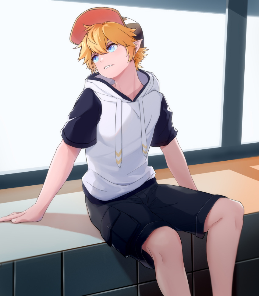 1boy aotu_world baseball_cap black_shorts blonde_hair blue_eyes hair_between_eyes hat highres hood hoodie king_(aotu_world) konana male_focus pointy_ears short_hair short_sleeves shorts sidelocks sitting solo