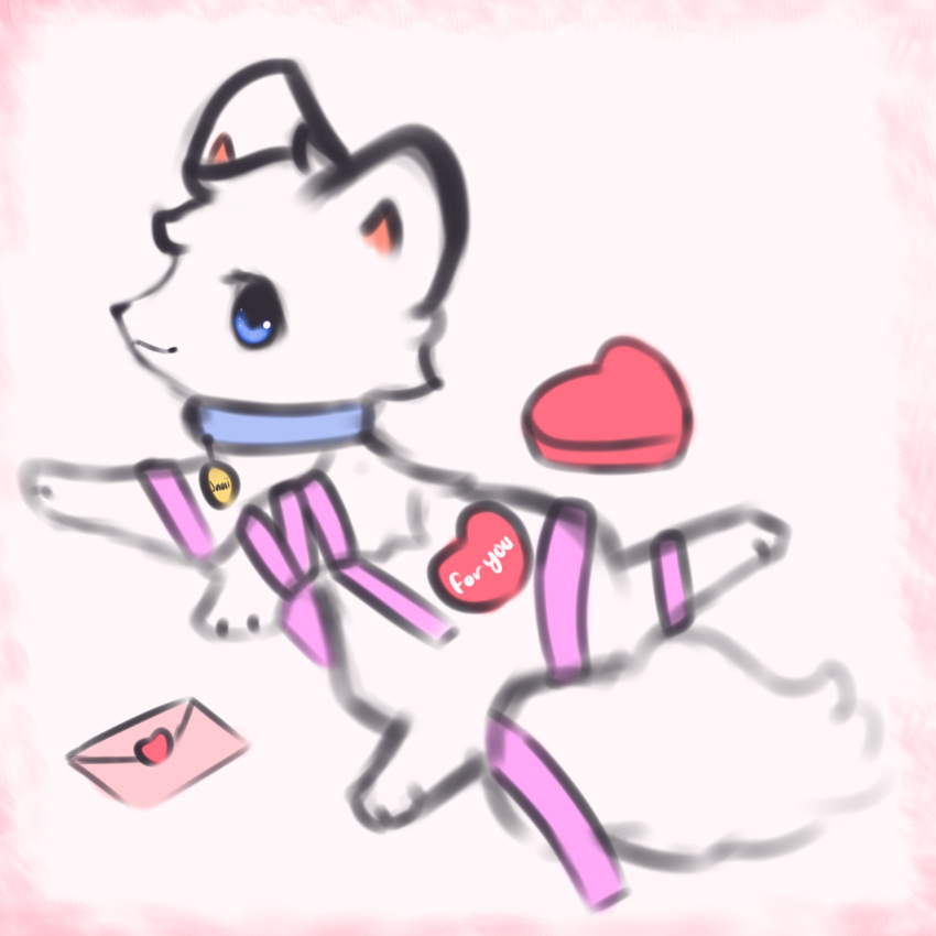 &lt;3 ambiguous_gender arctic_fox blue_eyes blue_sclera canid canine collar feral fluffy fluffy_tail fox fur hi_res holidays letter mammal name_tag paws ribbons simple_background smile snoii_(snoiifoxxo) snoiifoxxo solo text valentine's_day white_background white_body white_fur