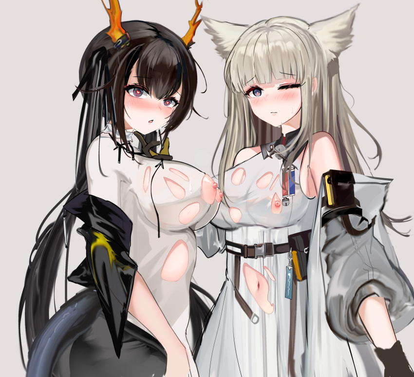 2girls :o absurdres animal_ears arknights arknights:_endfield bangs bare_shoulders belt belt_pouch black_hair blue_eyes blunt_bangs blush breasts cat_ears character_request chinese_commentary commentary_request cowboy_shot dragon_girl dragon_horns dragon_tail dress eyebrows_visible_through_hair grey_background grey_jacket hand_on_another's_chin highres horns impossible_clothes impossible_dress jacket large_breasts long_hair looking_at_viewer mikuning multiple_girls navel nipples off_shoulder one_eye_closed open_clothes open_jacket perlica_(arknights) pouch purple_eyes revision silver_hair simple_background tail tail_through_clothes torn_clothes torn_dress twintails very_long_hair white_dress