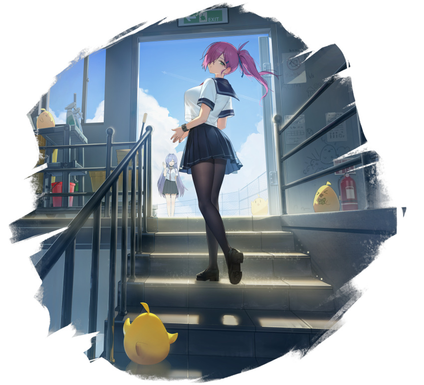 2girls azur_lane bangs black_footwear black_legwear blue_sky breasts cloud cloudy_sky day dot_mouth fence fire_extinguisher from_behind full_body graffiti green_eyes hair_intakes hair_ornament hair_over_one_eye hairclip heel_up highres large_breasts loafers logo long_hair looking_at_viewer looking_back manjuu_(azur_lane) miniskirt mole mole_under_eye multiple_girls necktie official_art one_eye_covered open_door own_hands_together pantyhose pleated_skirt ponytail purple_hair romana school_uniform see-through see-through_silhouette shadow shiny shiny_hair shirt_overhang shoes short_sleeves skirt sky solo_focus stairs steepled_fingers swept_bangs tied_hair transparent_background trento_(azur_lane) trieste_(azur_lane) trieste_(rooftop_lunch_break)_(azur_lane) very_long_hair watch waving window wristwatch