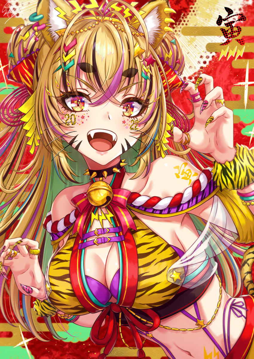 1girl :d animal_ears animal_print bell blonde_hair bracelet breasts chinese_zodiac choker cleavage cleavage_cutout clothing_cutout collarbone earrings eyebrows_visible_through_hair eyelashes facial_mark fangs fingernails hair_ornament halterneck highres japanese_clothes jewelry jingle_bell kimono long_fingernails looking_at_viewer nail_polish navel original sakiyamama smile solo tattoo tiger_ears tiger_girl tiger_print year_of_the_tiger