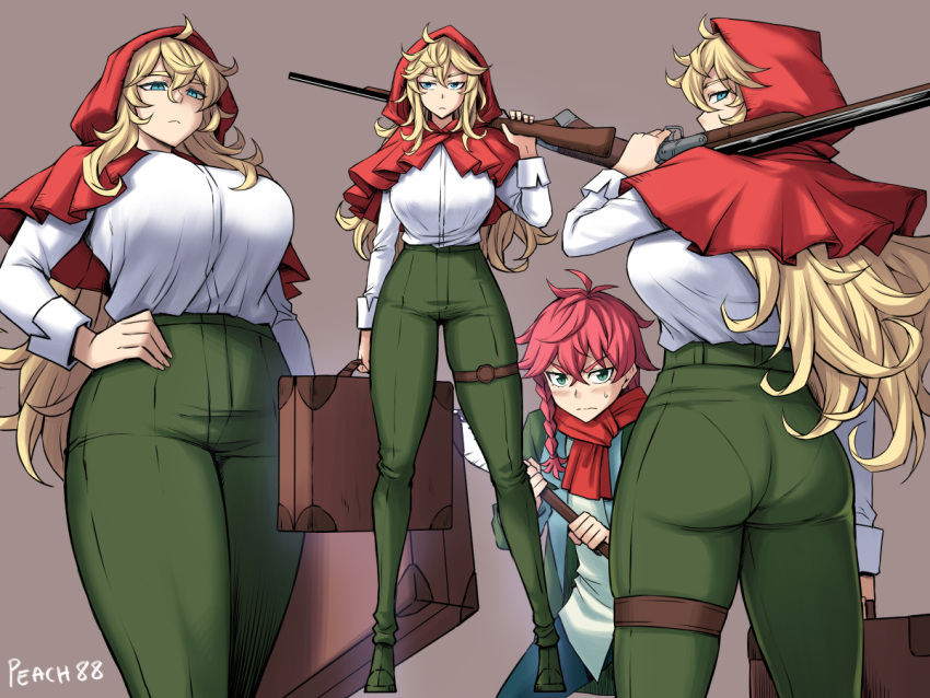 1boy 1girl ass blonde_hair blue_eyes breasts capelet cloak green_pants grimm_(red_hood) gun holding holding_suitcase hood hood_up hooded_capelet hooded_cloak huge_breasts hunting_rifle large_breasts long_hair pants pantylines peach_(momozen) red_capelet red_hood red_hood_(kawaguchi) rifle shirt suitcase tented_shirt thigh_strap velou_(red_hood) very_long_hair weapon