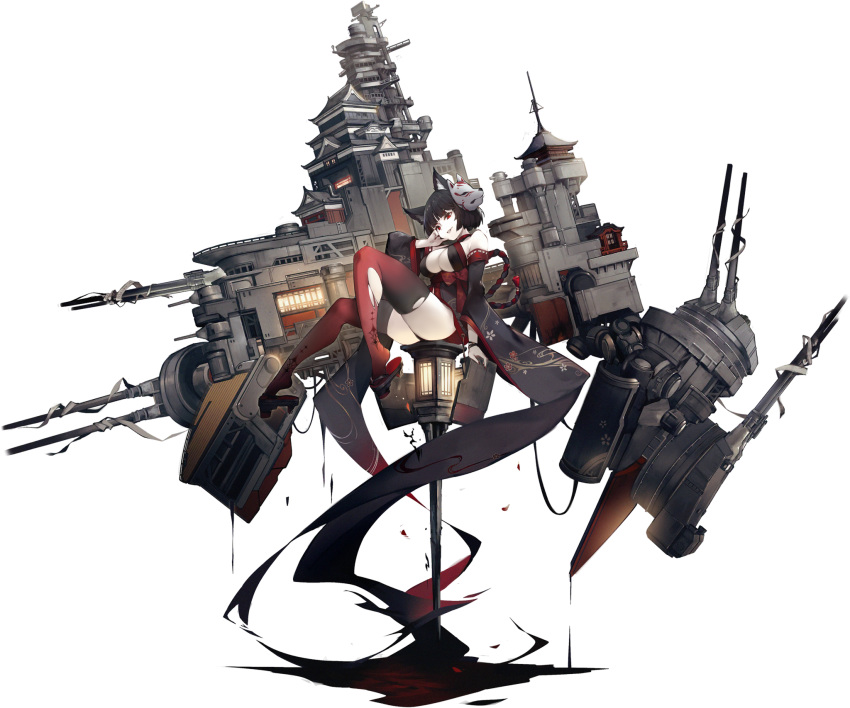 1girl animal_ears arm_support armpit_crease artist_request ass azur_lane bare_shoulders black_hair bracelet breasts castle cat_ears cleavage cleavage_cutout clothing_cutout detached_sleeves evil_grin evil_smile from_side geta grin head_tilt highres japanese_clothes jewelry kimono lamppost large_breasts machinery mask mask_on_head nail_polish official_art parted_lips print_kimono print_legwear red_eyes red_legwear rigging short_hair sitting smile thighhighs thighs torn_clothes torn_legwear transparent_background turret wide_sleeves yamashiro_(meta)_(azur_lane)