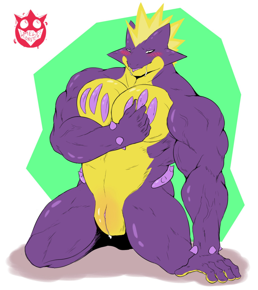 5_fingers absurd_res amped_toxtricity animal_genitalia anthro blush fingers genital_slit genitals hi_res kneeling male mels_monster_(artist) muscular muscular_anthro muscular_male nintendo nude pecs pok&eacute;mon pok&eacute;mon_(species) purple_body slit solo toxtricity video_games