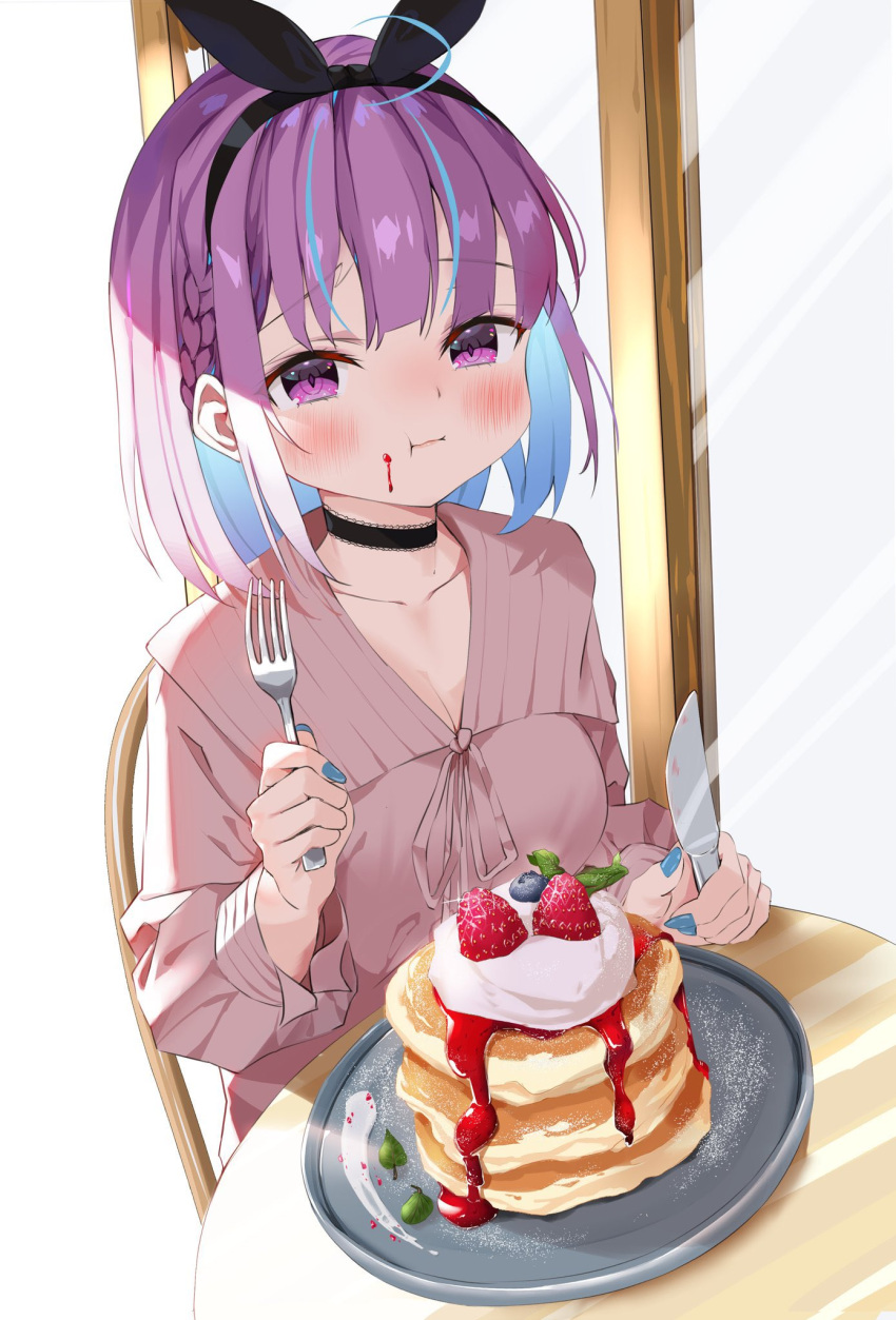 bangs blue_hair blue_nails blunt_bangs blush braid colored_inner_hair crown_braid eating food fork fruit gaou_(umaiyo_puyoman) highres holding holding_fork hololive knife looking_at_viewer minato_aqua multicolored_hair pancake plate purple_eyes purple_hair short_hair stack_of_pancakes strawberry streaked_hair two-tone_hair virtual_youtuber whipped_cream