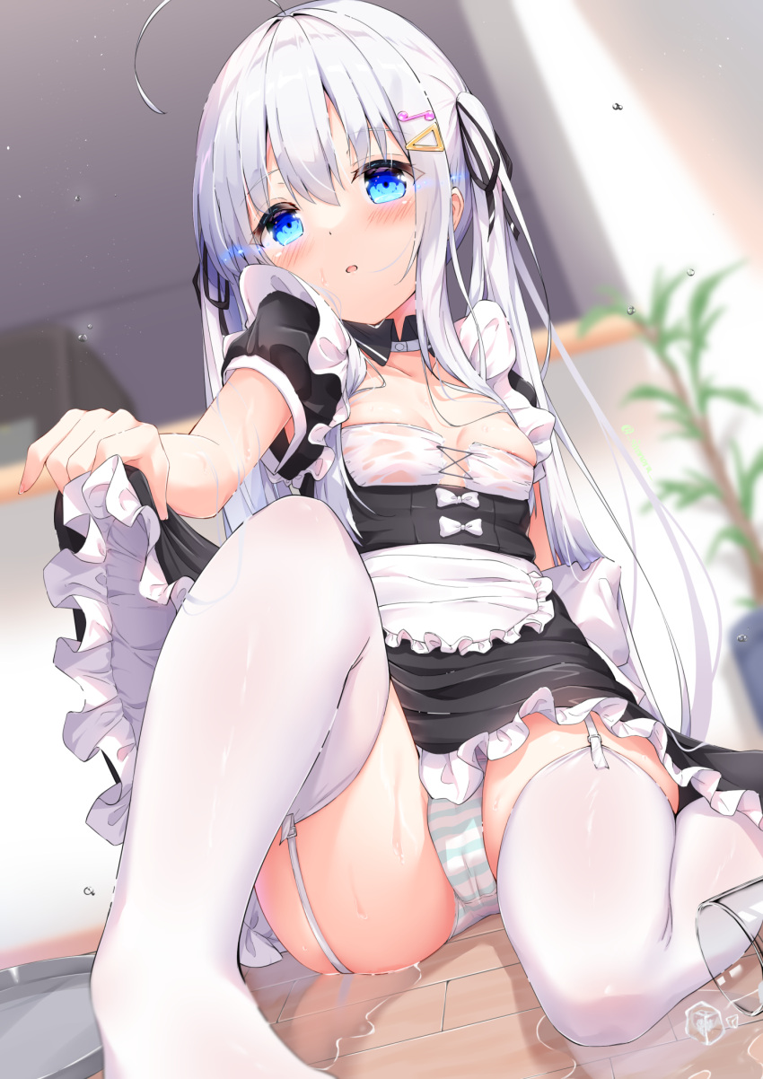 1girl ahoge apron black_dress blue_eyes blush breasts clothes_lift cup dress dress_lift drinking_glass fallen_down garter_straps hair_ornament hairclip highres ice indoors knee_up legs lifted_by_self long_hair maid no_shoes on_floor original panties pantyshot ribbon see-through silver_hair sironora sitting small_breasts solo striped striped_panties thighhighs thighs twintails underwear upskirt waist_apron water wet wet_clothes white_apron white_legwear