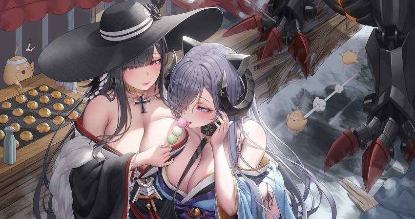 2girls adjusting_hair august_von_parseval_(azur_lane) azur_lane bangs bare_shoulders black_hair black_headwear black_horns black_kimono blue_kimono breasts cleavage commentary_request curled_horns dragon dragon_girl dragon_horns food hair_over_one_eye highres horns japanese_clothes jewelry kimono large_breasts licking lips manjuu_(azur_lane) mechanical_dragon mechanical_horns mechanical_legs multiple_girls necklace official_alternate_costume one_eye_covered outdoors peter_strasser_(azur_lane) peter_strasser_(chronos's_kalendae)_(azur_lane) purple_eyes red_eyes rhasta sexually_suggestive yuri