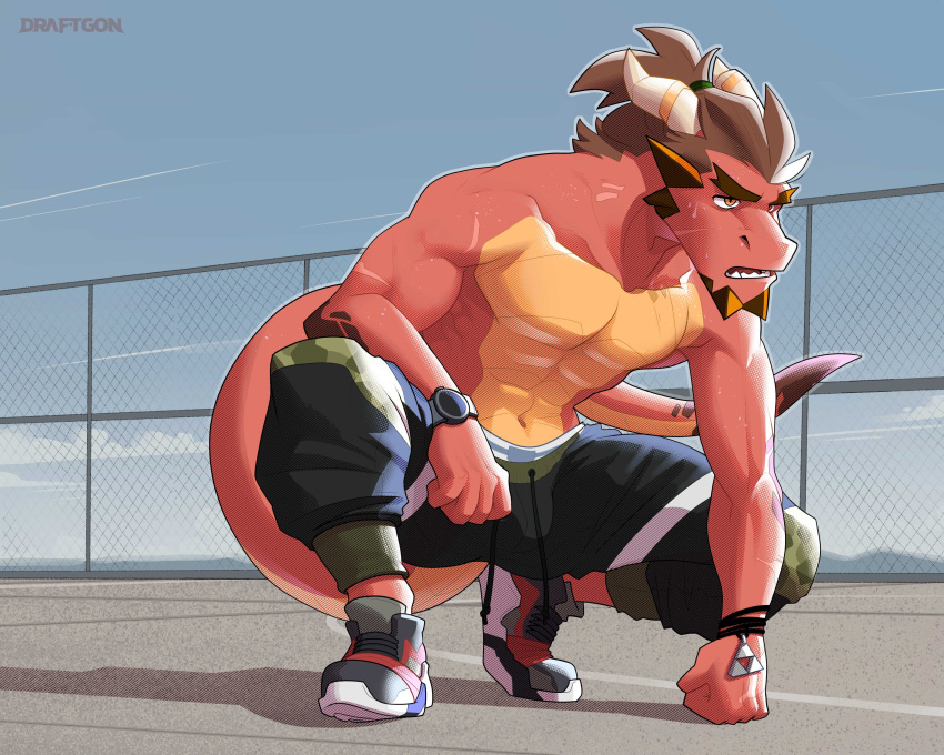 absurd_res anthro athletic athletic_anthro athletic_male bodily_fluids bottomwear brown_hair clothed clothing draftgon dragon fence footwear hair hi_res horn male outside pants red_body scalie shoes sky solo sweat topless