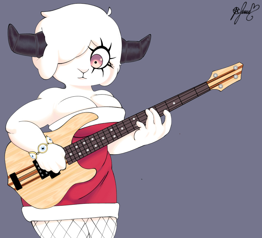 absurd_res anthro bass_guitar big_breasts bovid bracelet breasts caprine clothing dress female fishnet fishnet_legwear goat guitar hair hi_res horn jewelry legwear mammal musical_instrument panthera_cantus plucked_string_instrument romina_(panthera_cantus) short_hair slightly_chubby smile solo string_instrument