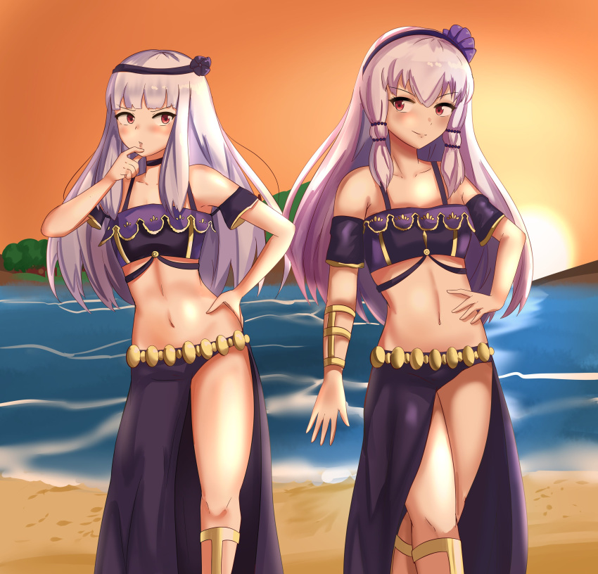 2girls absurdres alternate_costume beach bikini black_bikini breasts closed_mouth eyebrows_visible_through_hair fire_emblem fire_emblem:_three_houses hair_ornament highres long_hair looking_at_viewer lysithea_von_ordelia multiple_girls ocean open_mouth pink_eyes sarong small_breasts smile swimsuit very_long_hair white_hair yuuki_aoi zipperqr