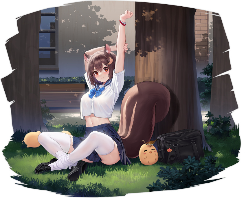 1girl allenes animal_ears arms_up azur_lane bag black_footwear blue_bow blue_bowtie blue_neckwear blue_sailor_collar blue_skirt bow bowtie bracelet brown_hair closed_mouth eyebrows_visible_through_hair grass highres jewelry looking_at_viewer manjuu_(azur_lane) midriff navel official_alternate_costume official_art outdoors red_eyes sailor_collar school_bag school_uniform serafuku short_hair short_sleeves sitting skirt squirrel_ears squirrel_girl squirrel_tail stretch tail thighhighs transparent_background tree wakaba_(a_healthy_dose_of_sunshine!)_(azur_lane) wakaba_(azur_lane) white_legwear