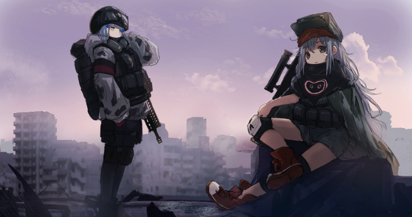 2girls absurdres assault_rifle bangs black_footwear black_legwear blunt_bangs blush blush_stickers cityscape commentary_request day g11_(girls'_frontline) girls'_frontline gloves goggles goggles_on_headwear green_eyes green_jacket grey_eyes grey_hair gun h&amp;k_g11 h&amp;k_hk416 hair_between_eyes hair_ornament hat helmet highres hk416_(fang)_(girls'_frontline) hk416_(girls'_frontline) jacket kilabo long_hair looking_at_viewer mask multiple_girls outdoors pantyhose parted_lips red_gloves respirator rifle shoes silver_hair sitting sneakers standing teardrop uniform weapon winter_uniform