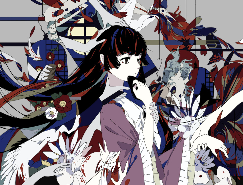 1girl :| abstract bangs black_eyes black_hair blunt_bangs bunny chinese_commentary closed_mouth collared_shirt comb commentary_request expressionless eyebrows_behind_hair floating_hair flower frilled_shirt_collar frilled_sleeves frills full_moon hand_up highres horns houraisan_kaguya long_hair long_sleeves looking_afar maozi moon purple_shirt red_flower shirt skeleton touhou upper_body white_flower wide_sleeves window